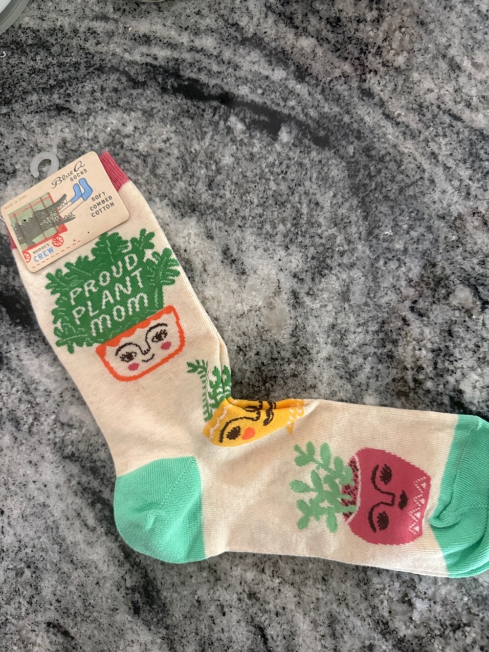 Blue Q Cream 'Plant Mom' Crew Socks with Green Plants and Orange Planter